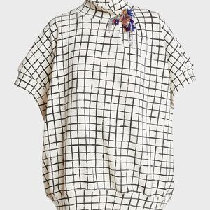 Dries Van Noten Halovara Grid Print Blouse Sweatshirt with Rhinestone Details